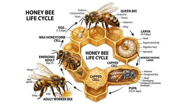 Honey bee life cycle infographic centered on honeycomb cells, showing queen egg laying, curved larva, capped‑cell pupa, emerging adult and active worker bee, with annotated body parts and arrows expla