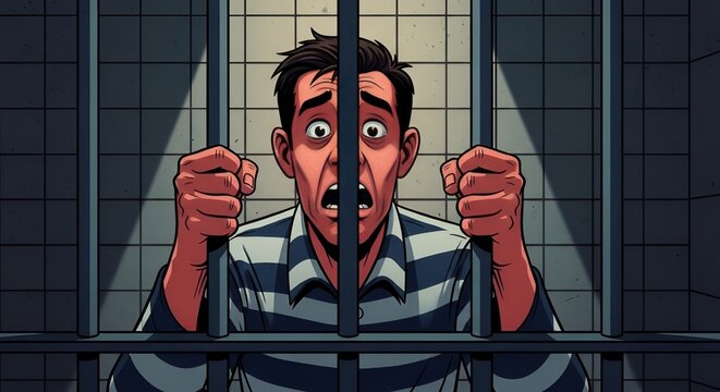 Scared Prisoner in Jail Cell, Holding Bars, Fearful Expression, Behind Bars