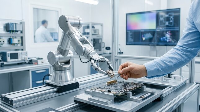 Robotic arm and human hand assembling electronics in lab