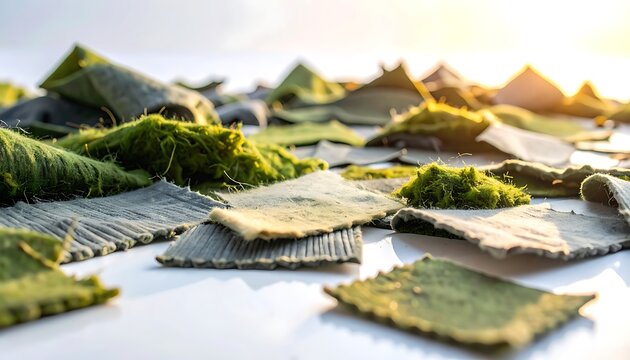 Abstract textured landscape with green moss and grey rough material samples, natural outdoor lighting with soft sun glow, macro detail