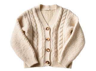 Isolated comfy stylish off-white cable knit cardigan sweater with natural wooden buttons