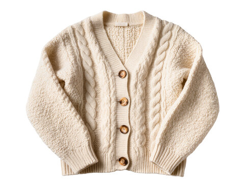 Isolated comfy stylish off-white cable knit cardigan sweater with natural wooden buttons