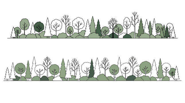 Minimalist Tree Line Vector Set: Green Forest Borders and Park Landscape Silhouettes for Architectural Site Plans