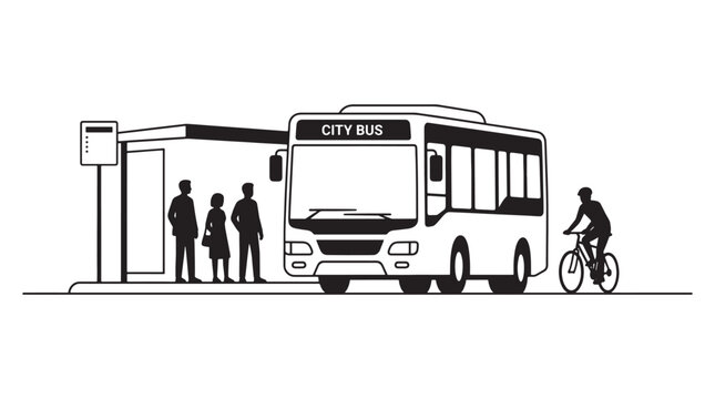 City Bus Stop and Public Transportation Scene - Vector Line Art Icon with Commuters, Bicyclist, and Passenger Shelter