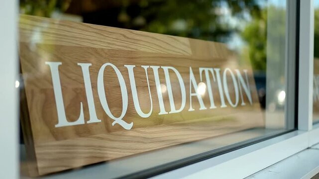 Liquidation Sign in Shop Window Reflecting Trees and Sky