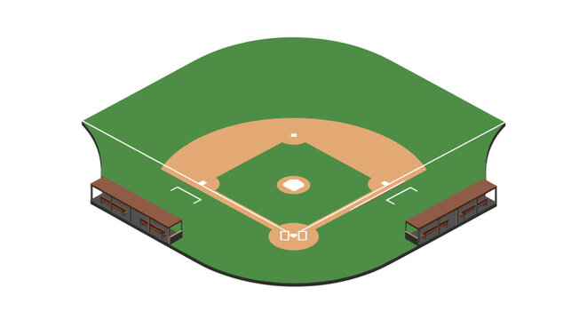 This isometric illustration of a baseball field highlights the curved outfield wall and infield structure presented in a simple and colorful vector graphic style.