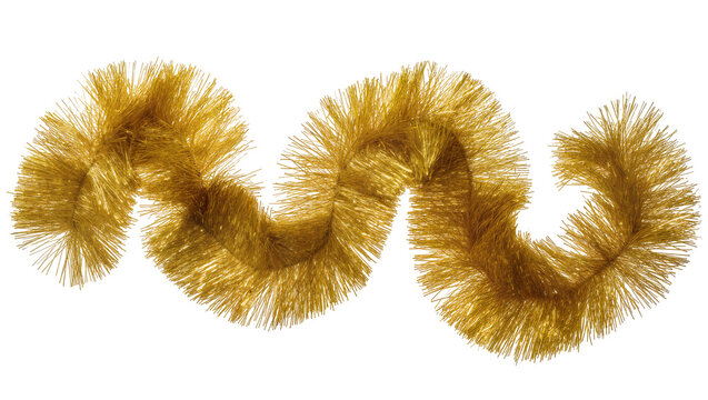 Isolated shiny golden Christmas tinsel garland for festive decoration, flowing wavy shape