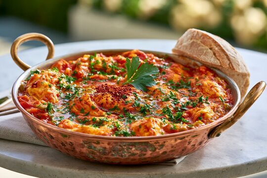 Traditional Turkish menemen egg dish in a copper pan with bread