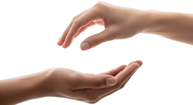 Two open hands offering and receiving, white background, human connection concept
