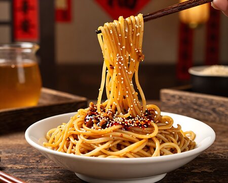 Chopsticks lifting Wuhan Re Gan Mian hot dry noodles from a bowl