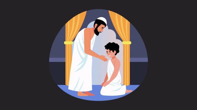 Father and son in ihram vector concepts  Animation Alpha Channel