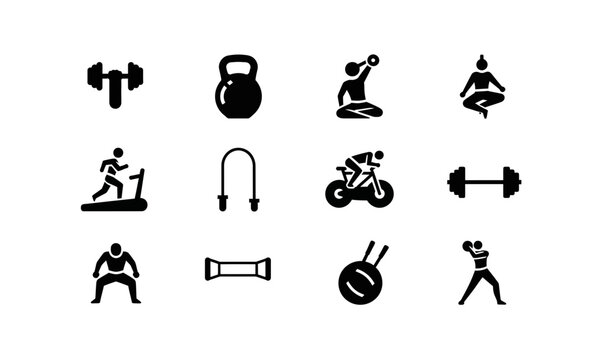 Fitness and gym icon set with workout equipment solid silhouettes, white background