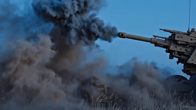 A heavy artillery piece fires a shot, creating a massive explosion of fire and gray smoke against a dark blue twilight sky. This realistic simulation illustrates modern warfare, military power, and ba
