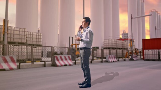 Full Body Side View Of An Asian Male Professional Worker Standing at Storage Facility with IBC Totes, Large Silos at Sunset, He Is Speaking With Someone In The Phone And Moving His Left Hand