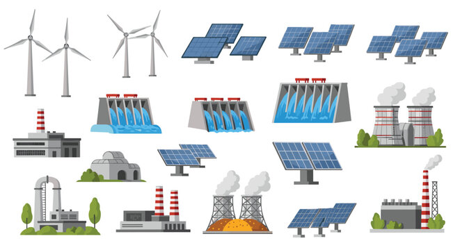 A diverse set of energy production icons features wind turbines solar panels hydro dams and nuclear reactors in a clean and uniform flat vector graphic style.