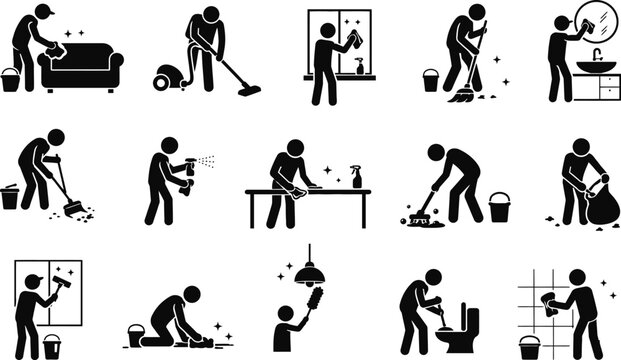 Set of black silhouette icons depicting various cleaning tasks and activities at home or office  people performing household chores