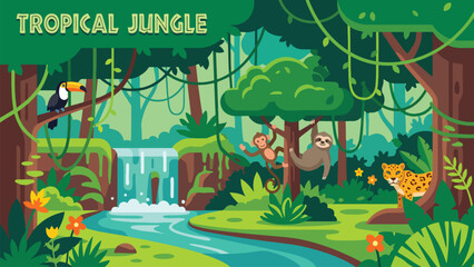 Fototapeta premium Tropical jungle landscape with wild animals, exotic rainforest background with waterfall, flat vector nature illustration