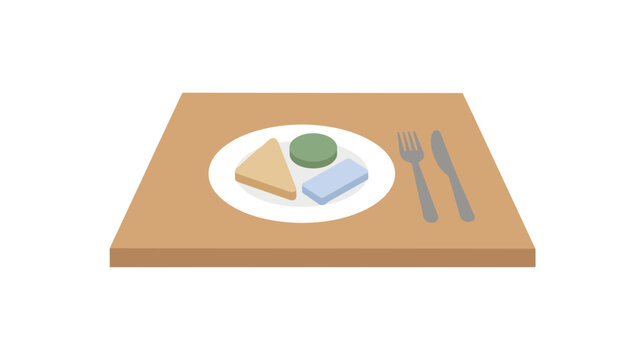 Minimalist 3D Illustration of Geometric Food Shapes on a White Plate with Cutlery over a Wooden Table Surface Isolated on White Background