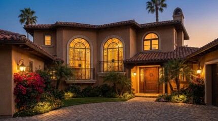 Obraz premium Luxury Mediterranean home with arched windows illuminated at dusk