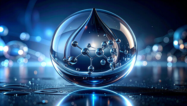 Molecular Essence: A glistening, spherical encapsulation reveals an intricate network of molecular structures. The image evokes a sense of innovation and scientific discovery.