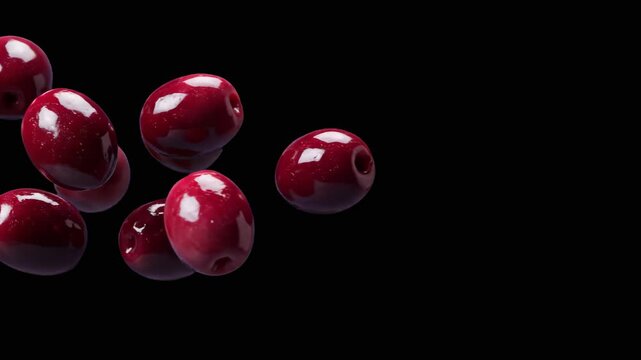 A striking cinematic shot of ripe red olives cascading through the air against a deep black background. An excellent visual asset for high-end food branding, cocktail bar promotions, and lifestyle foo