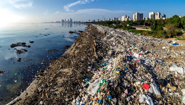 Massive Plastic Waste And Garbage Pile On Urban Beach Coastline With City Skyline In Distance Under Clear Blue During Daylight Hours