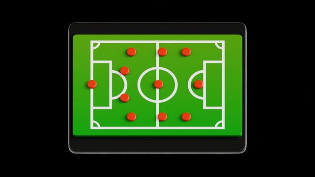 3D football strategy board with animated tactical points and formations. Seamless looping animation on a transparent background, ideal for soccer coaching analysis and sports broadcasts.