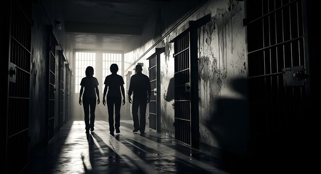 Prisoner Walkway Silhouette - Three Figures in Dark Cell Block Hallway
