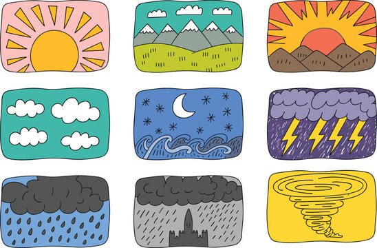 Weather and sky illustration showing sunrise, sunset, clouds, rain, thunderstorm, tornado, and night sky variations