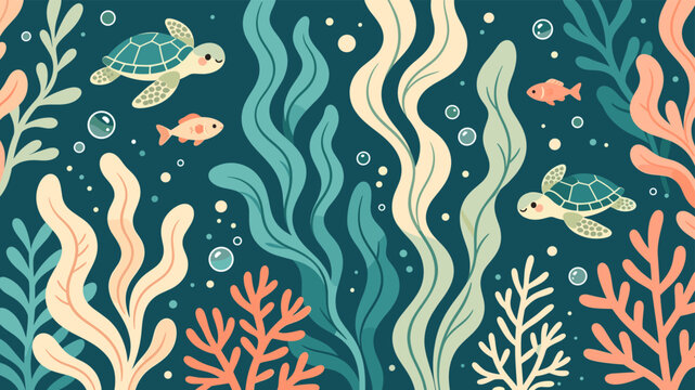 Sea turtle underwater seamless pattern with coral reef and seaweed
