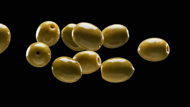 Cinematic slow-motion footage of fresh green olives isolated against a solid black background. Perfect for culinary advertisements, healthy food marketing, restaurant menu promotions, and Mediterranea