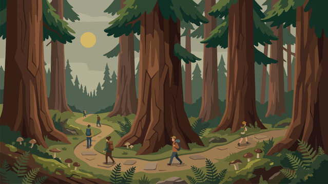Redwood forest landscape vector, hikers walking on woodland trail, giant sequoia trees in misty pine forest scenery