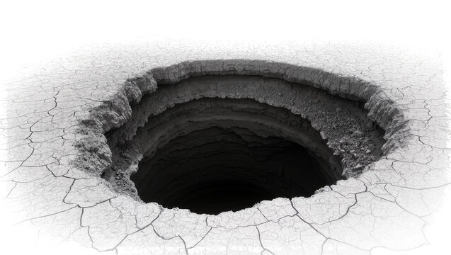 Isolated deep sinkhole in dry cracked earth, stark black and white landscape, drought concept.