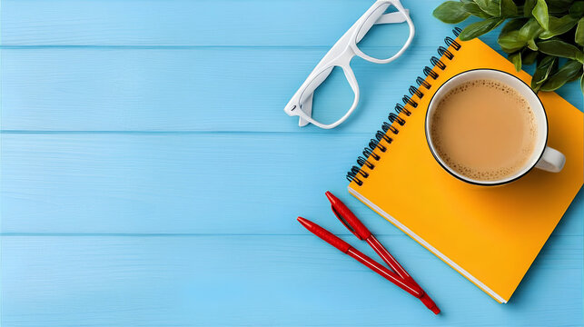 Workspace flat lay with coffee cup notebook glasses and pens on blue desk, office productivity background, study and planning concept, creative workspace banner, blog header, social media template