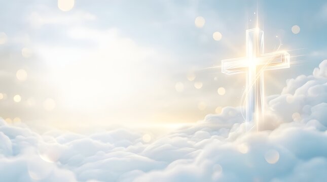 Ascension Day of Jesus Christ Illustration, Glowing Glass Cross Standing Above the White Clouds with Divine Light and Bokeh, Spiritual Christian Religious Background