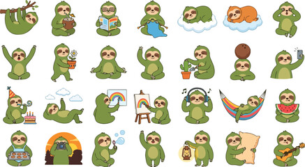 Fototapeta premium Cute Sloth Tropical Cartoon Set – Kawaii Relaxing Animal Clipart Vector