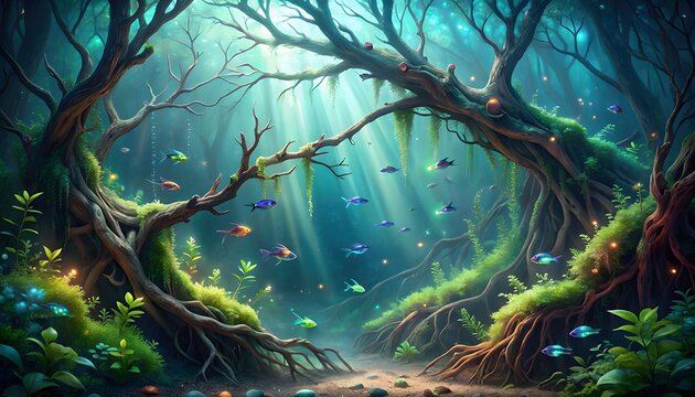 Fantasy underwater aquascape with twisted driftwood glowing light rays and lush aquatic plants