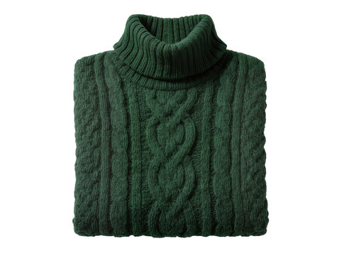 Isolated dark green folded chunky cable knit turtleneck sweater ready for winter fashion