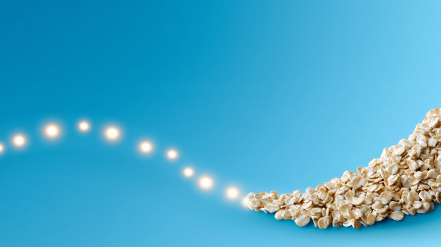 Oat flakes forming curved path with glowing checkpoints on blue background, symbolizing progress, healthy lifestyle, and positive energy