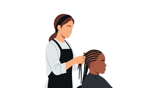 Hairstylist professionally braiding intricate cornrow style on a person's head in a salon setting with a neutral background.