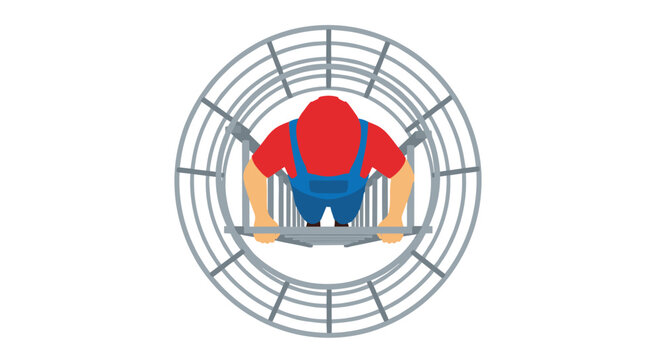 A high-angle perspective of a construction worker wearing a red safety helmet and blue overalls climbing a circular caged metal security ladder structure isolated.