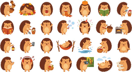 Obraz premium Cute Hedgehog Autumn Cartoon Set – Kawaii Forest Clipart Bundle Vector