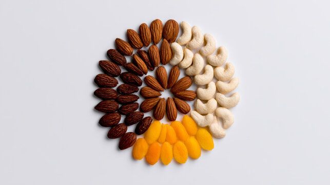 Almond cashew dried apricot healthy snack circular mandala nut seed pattern arrangement circular mandala pattern of almonds cashews and dried apricots arranged white background creating healthy
