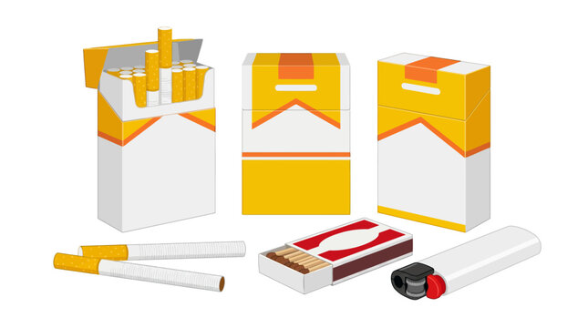 Still life of cigarette packs and smoking accessories on a white background