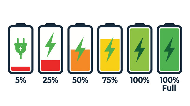 Battery level indicators showing charging status from empty to full on white background