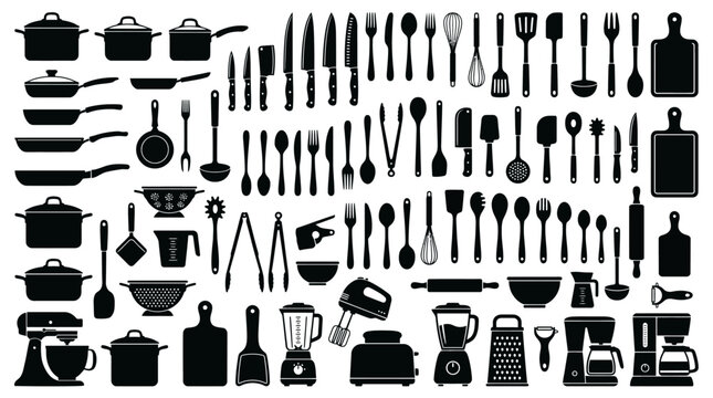 Collage of various kitchen utensils and tools in black silhouette on white background