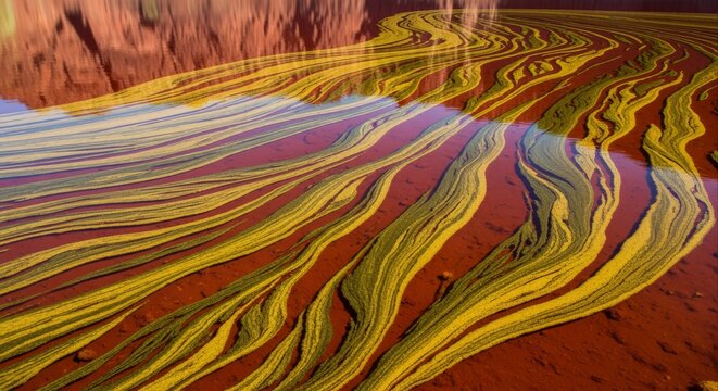 Mesmerizing abstract patterns formed by vibrant yellow-green algae trails winding through reddish water in a natural landscape