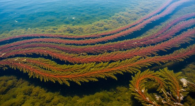 Underwater Serenity Lush Green and Red Algae Form Natural Patterns in Crystal Clear Water