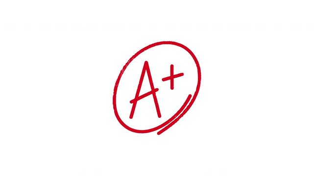 Hand drawn red academic grade A plus with circle animation on transparent background representing superior excellence, perfect score and academic achievement.