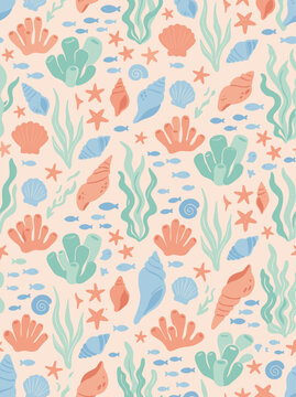 Pastel seashell and starfish seamless pattern marine summer background